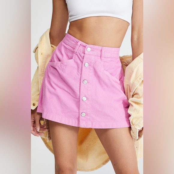 Free People Ray Corduroy Mini Skirt Button Front in Pink Wash